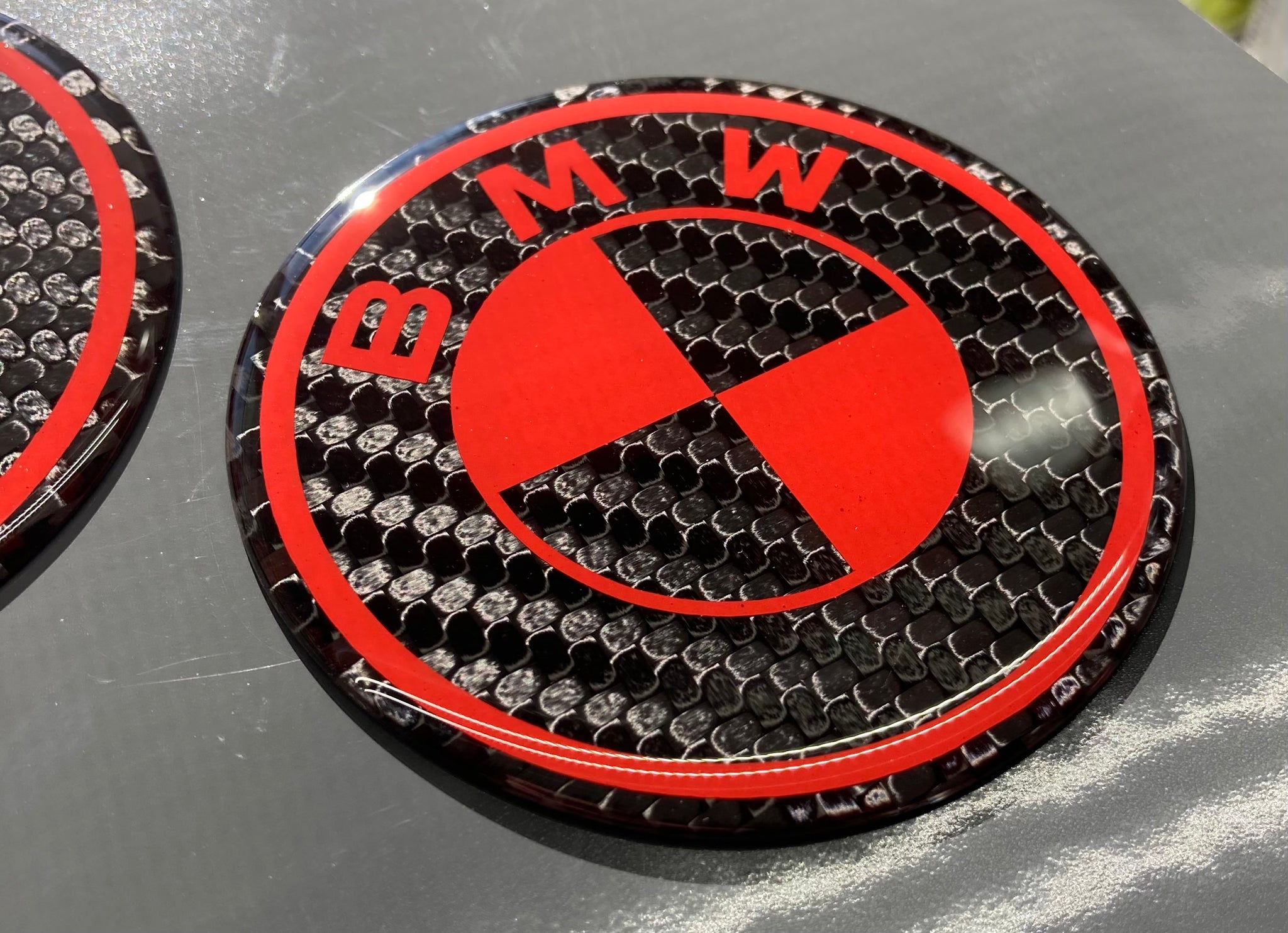 BMW Emblem Logo Overlay Decal Roundels (Red/Black Carbon Fiber